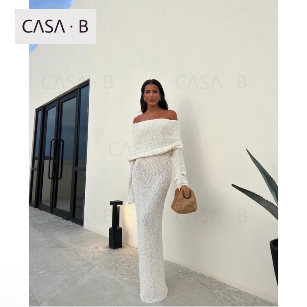 SOLD OUT💫 CASA B| Soriana Off the Shoulder Boucle Long Sleeve Draped Maxi Dress - Picture 5 of 9